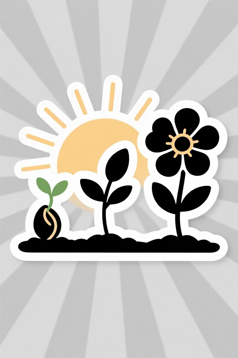 A quietly powerful scene of a seed transforming into a blooming flower in stages, framed by soft rays of morning sun, symbolizing quiet strength and resilience.
