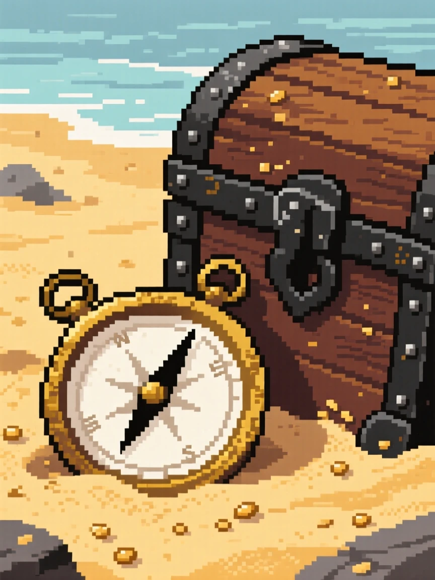 An old brass compass half-buried in sand on a forgotten beach, atop a pirate's buried treasure chest.