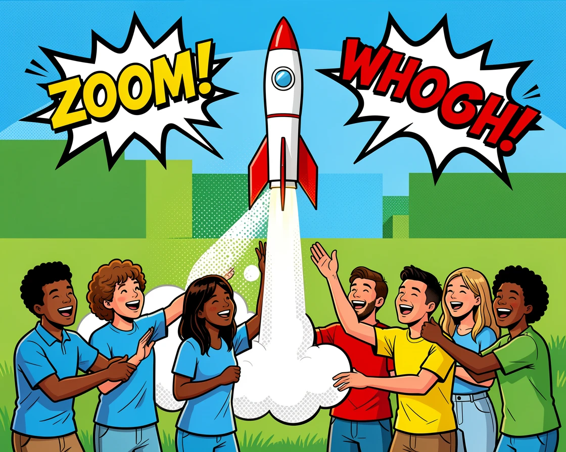 Students launching a model rocket in an open field