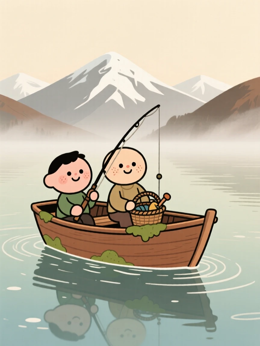 A lone fishing boat drifts across a still mountain lake as soft morning mist stretches across the surface and snow-capped peaks rise in the distance.