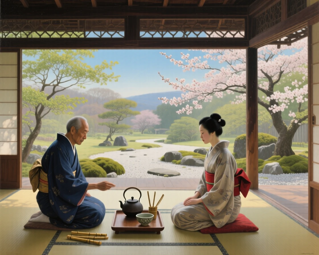 A centered composition of a traditional tea ceremony performed with quiet grace in a garden pavilion, under a clear blue sky, in early spring.