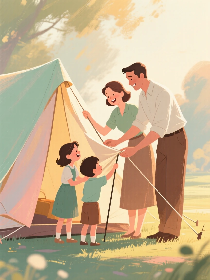 A family setting up a tent for a weekend camping trip