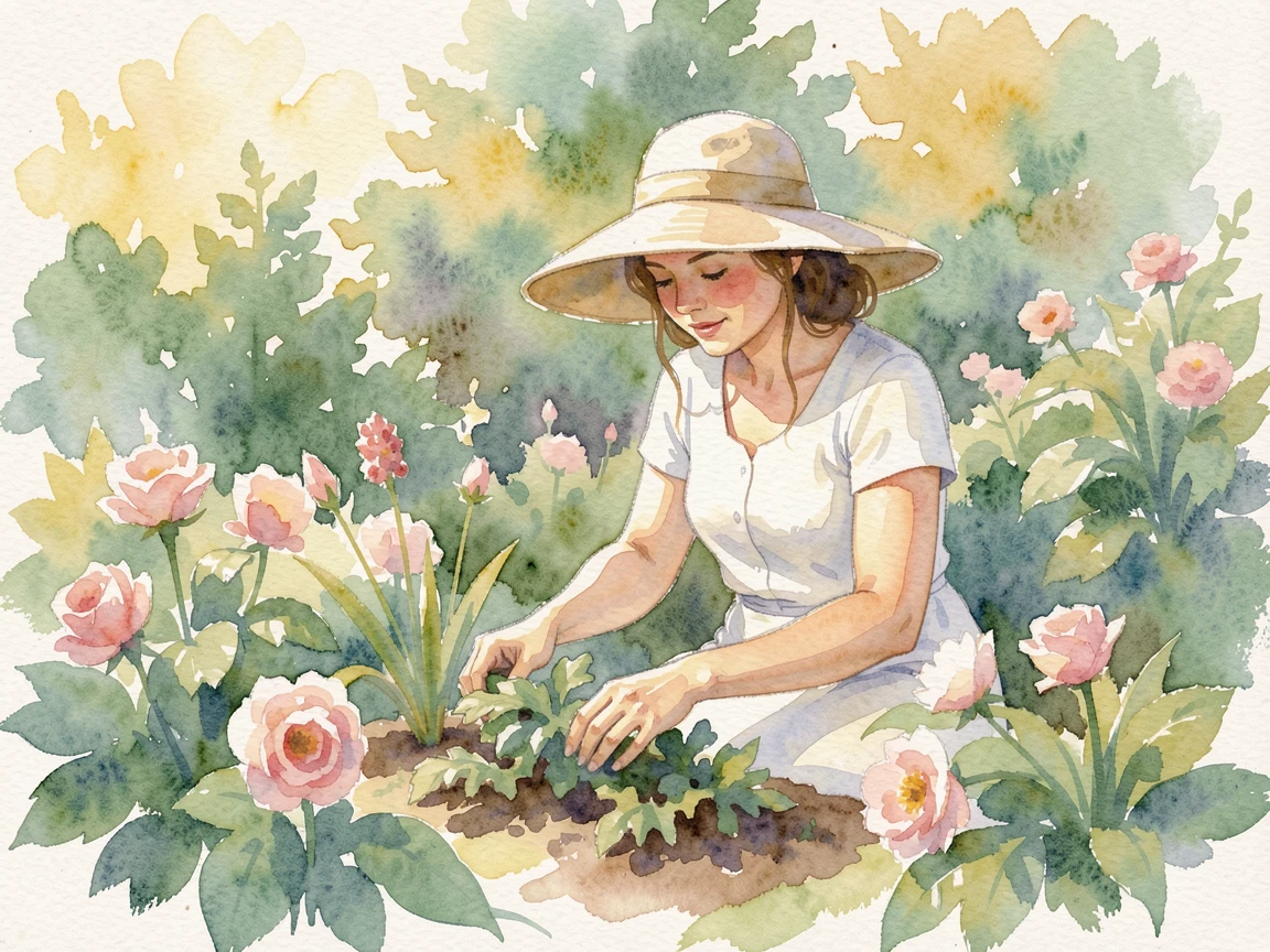 A woman in a sunhat tending to her garden with soft natural light illuminating the scene.