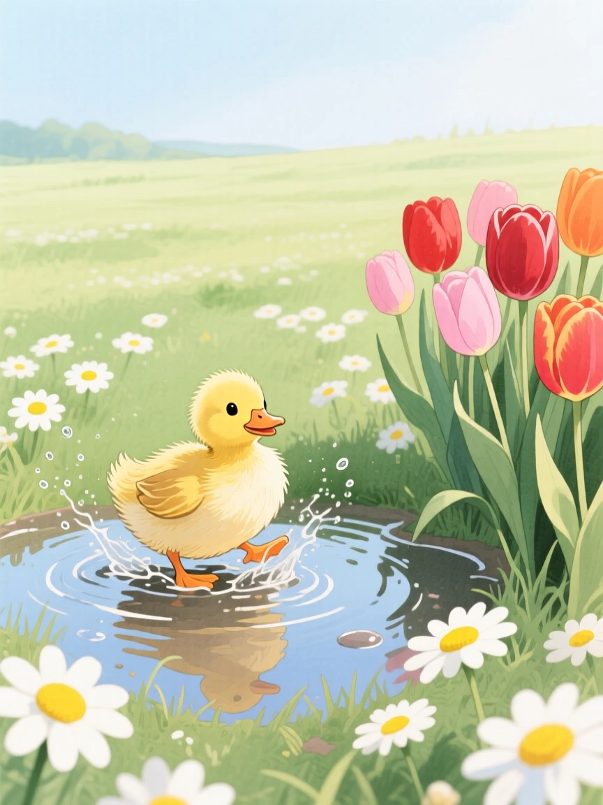 A baby duckling splashes playfully in a meadow full of daisies, beside a row of blooming tulips