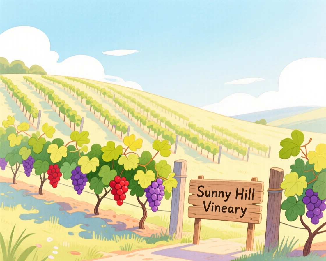 A hillside vineyard with rows of ripening grapes, peaceful and full of gentle motion.