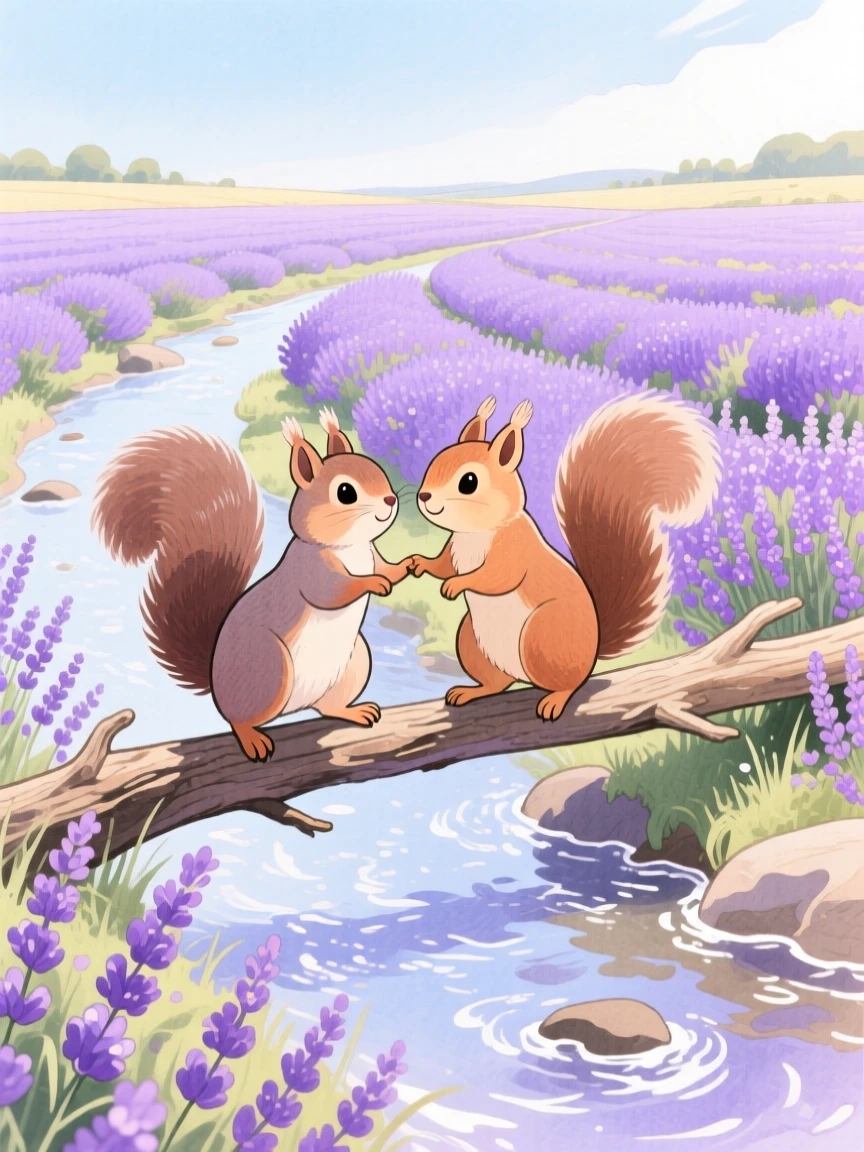 A pair of squirrels balancing on a log across a gentle stream, set in a lavender field stretching to the horizon, showing unconditional love and loyalty.