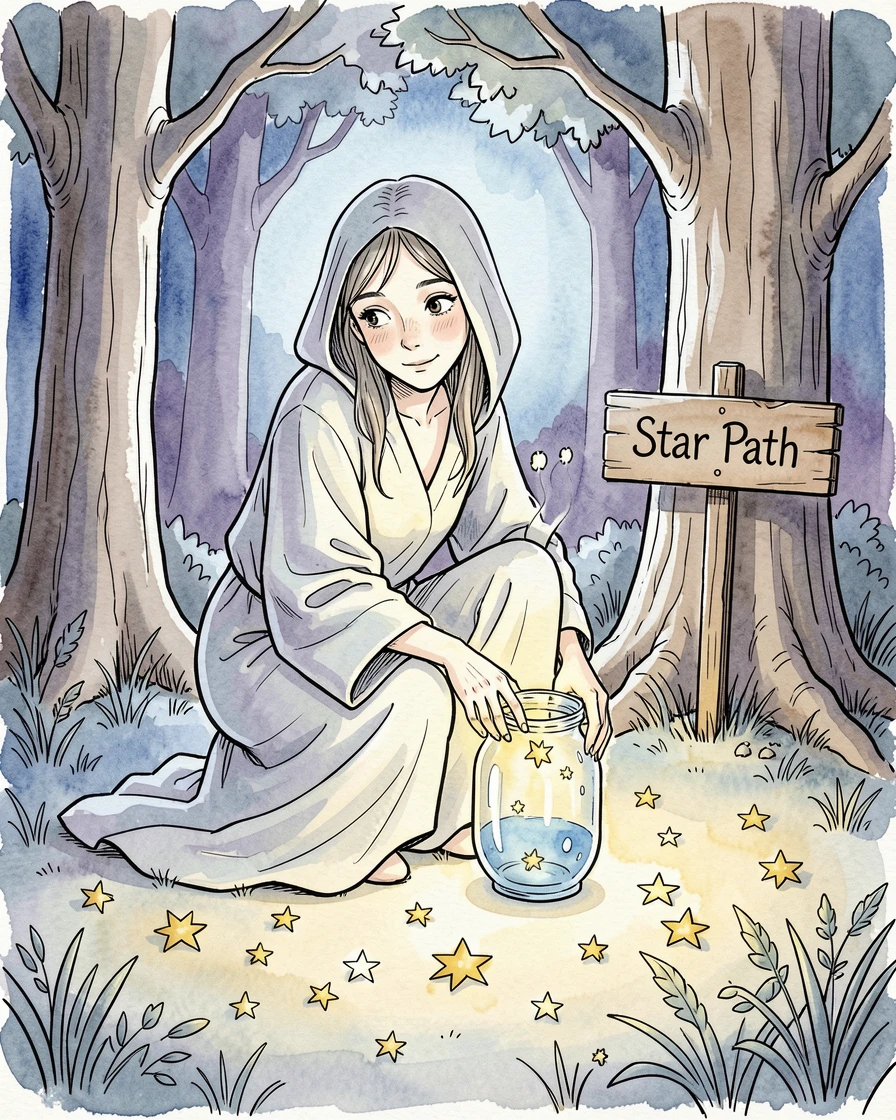 A wandering star-collector gathering fallen stars in a glass jar, an air of wonder and quiet mystery throughout.