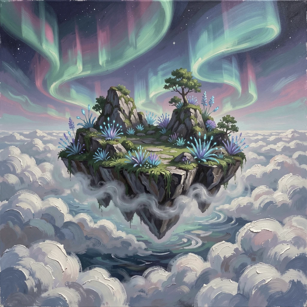 A floating island suspended above a sea of clouds, surrounded by softly glowing bioluminescent plants, a gentle mist swirling around its feet, under a sky streaked with shifting auroras.
