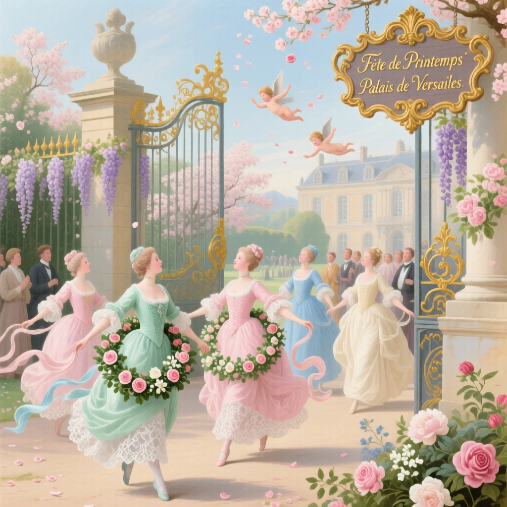 A spring festival with dancers carrying garlands through palace gates  