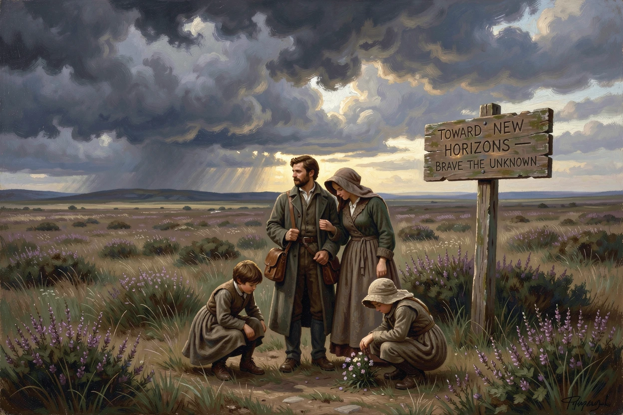 A family of travelers pauses beside an open heath stretching to the horizon as storm clouds gather overhead.