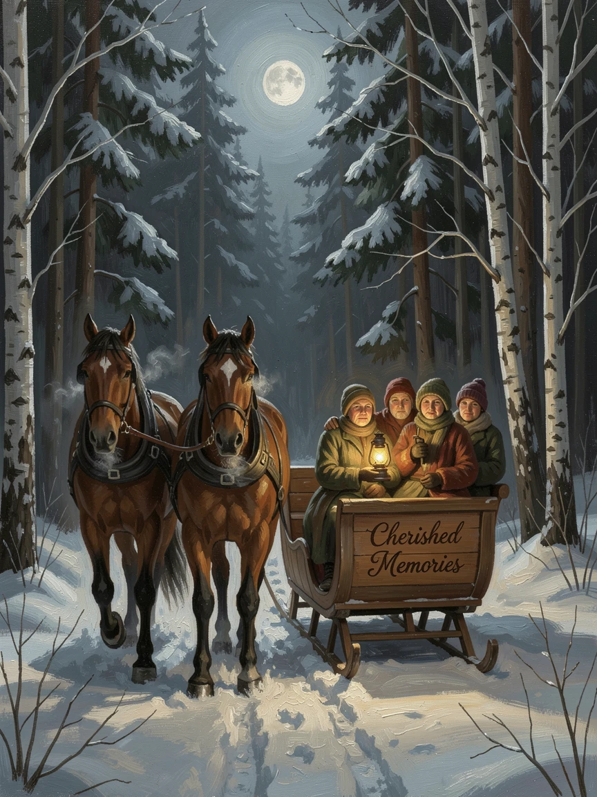A snowy sleigh ride through a moonlit winter forest, as golden or twinkling light creates a magical atmosphere, evoking cherished holiday memories and nostalgic feeling