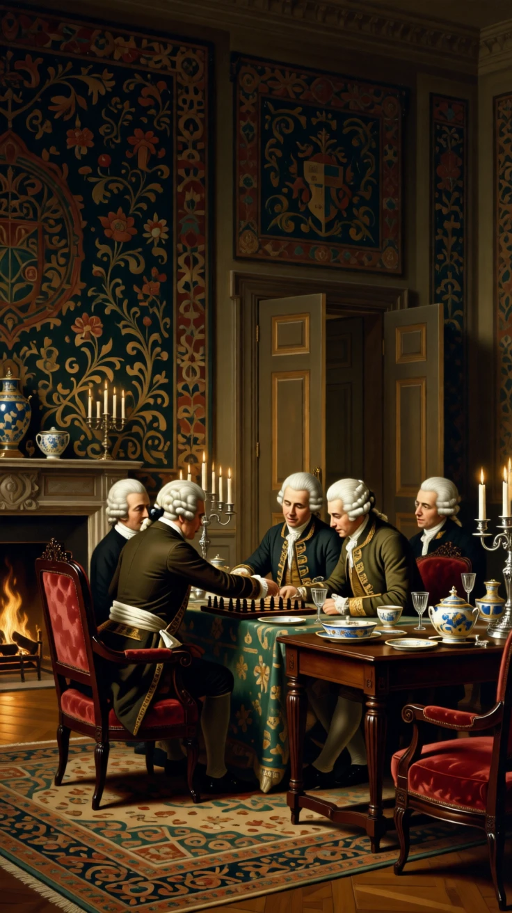 Noblemen playing chess beside a roaring fireplace just before the grand doors are thrown open, set in a richly furnished drawing room with tapestried walls, with fine china, crystal goblets, and candelabras adorning the table; the composition arranges figures in a graceful arc around the focal couple, radiating celebration, elegance, and social grace.