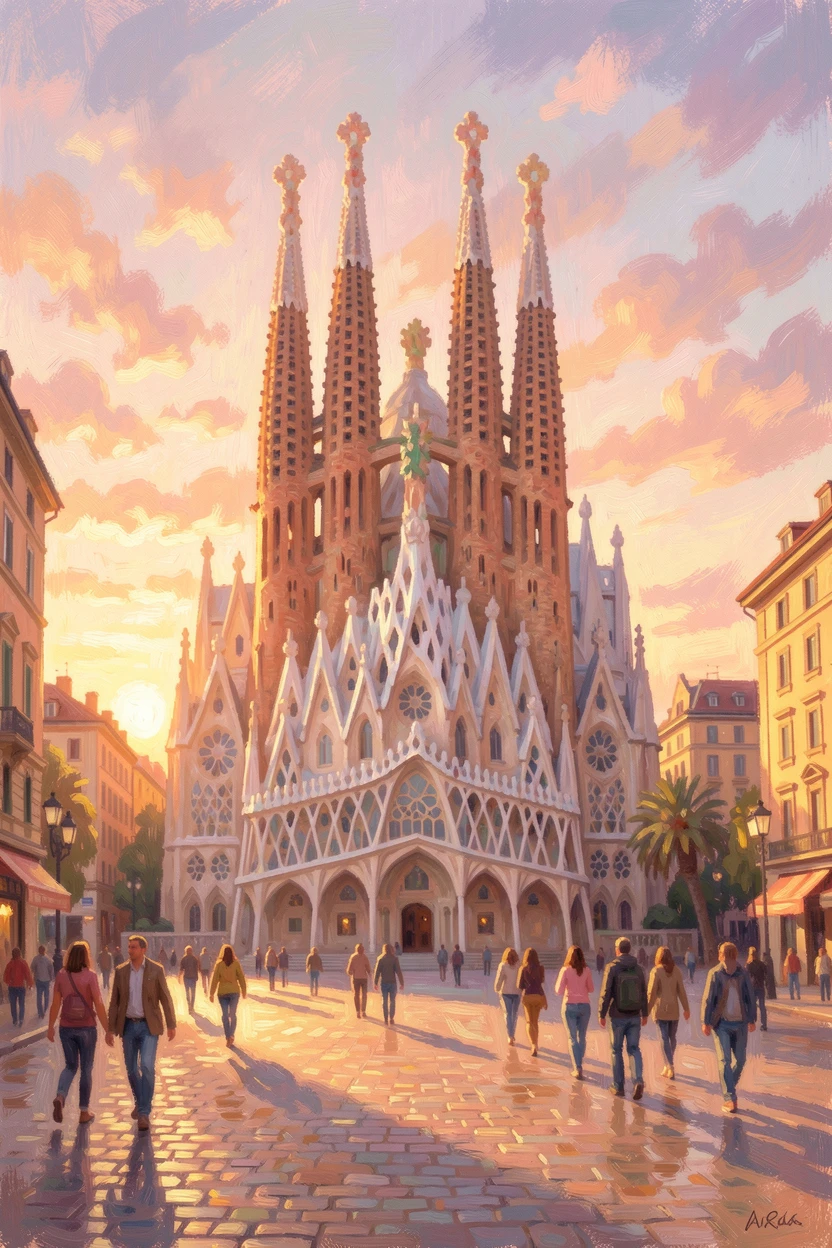 The dramatic spires of Sagrada Familia rising above a sunlit Barcelona plaza filled with strolling visitors, under a glowing sunset sky, evoking timeless charm and quiet elegance.