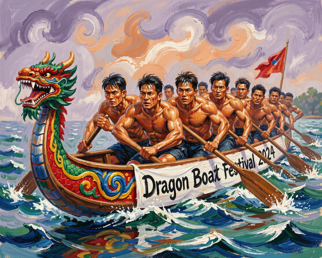 A traditional dragon boat race with rowers straining beneath a colorful painted prow.