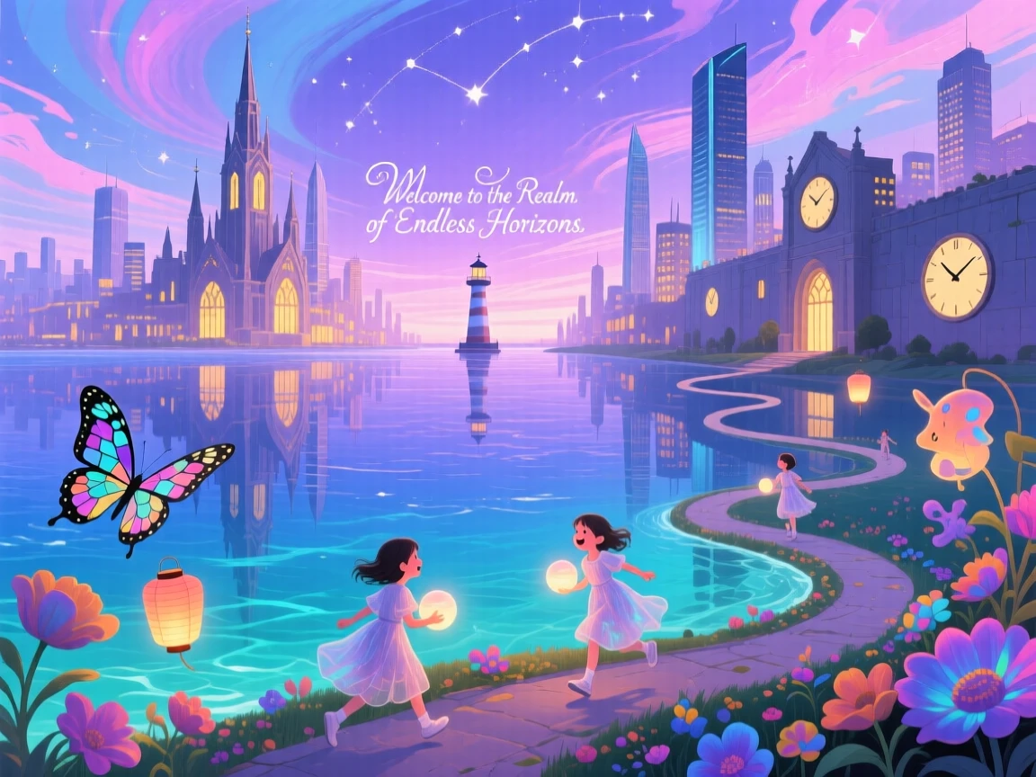 Twin cities mirrored above and below a horizontal sea drifts slowly across a lavender horizon, while children run along paths that curve into the sky.