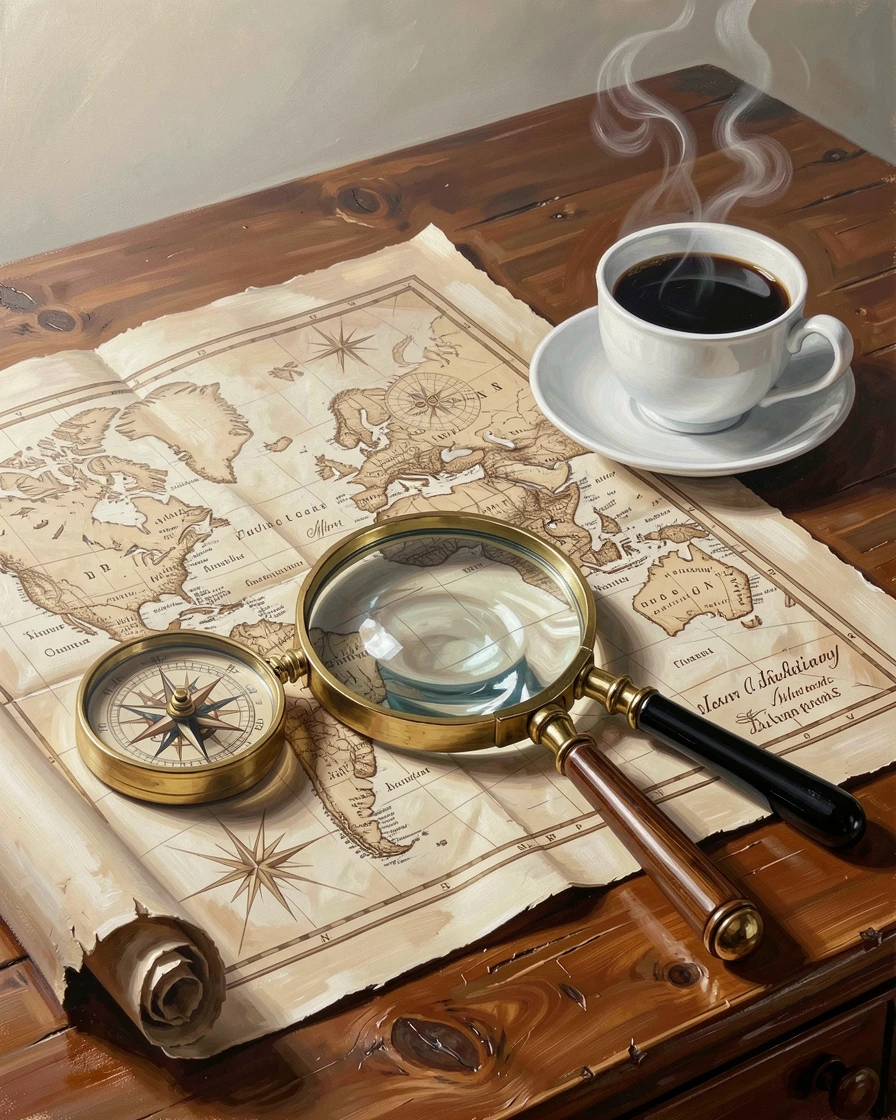 An antique map of the world lies unrolled beside a compass, a magnifying glass, and a cup of black coffee on a wooden desk, a faint haze softening the far horizon while nearer details remain crisp and vivid.