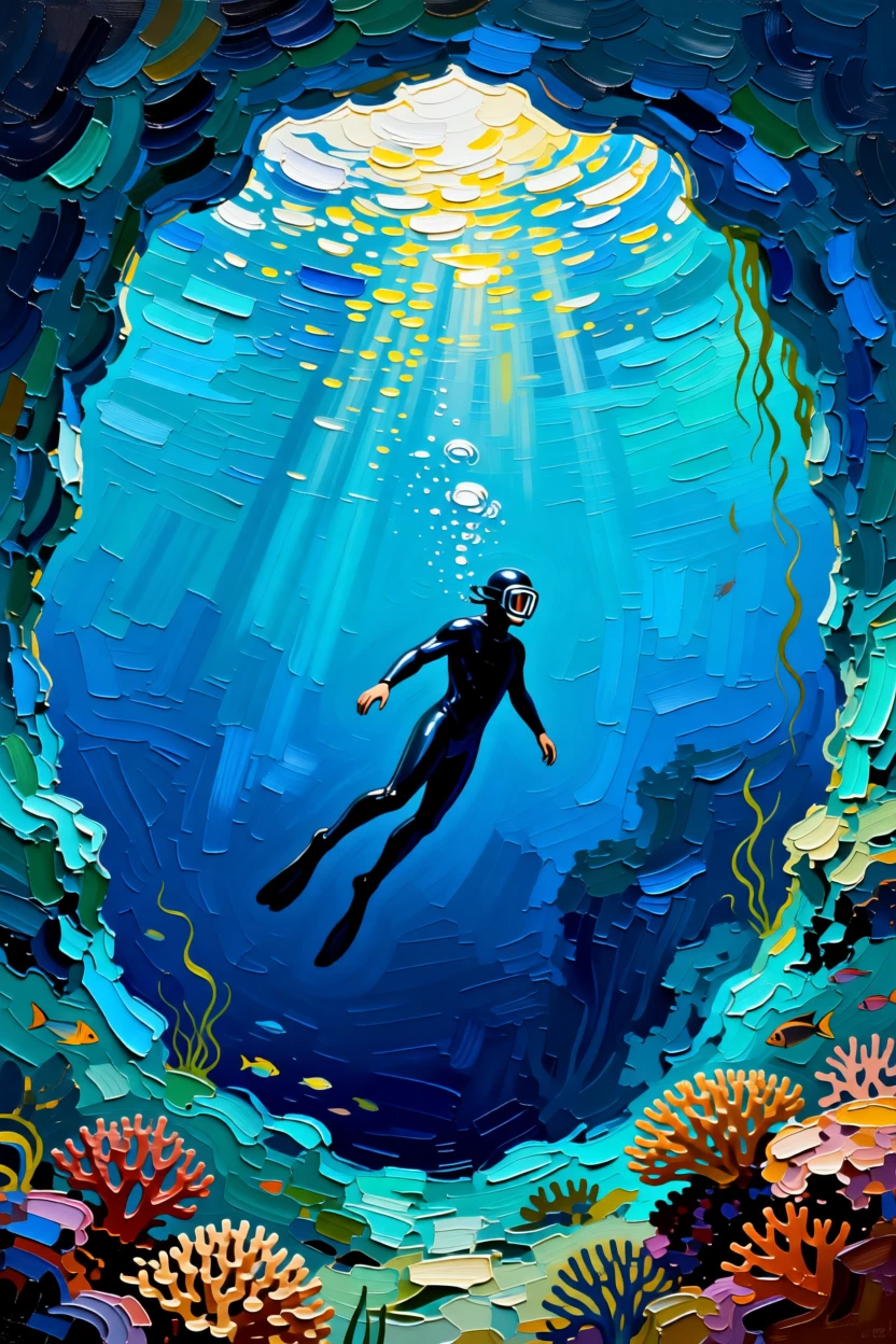 A lone free diver descending gracefully into a deep blue ocean sinkhole
