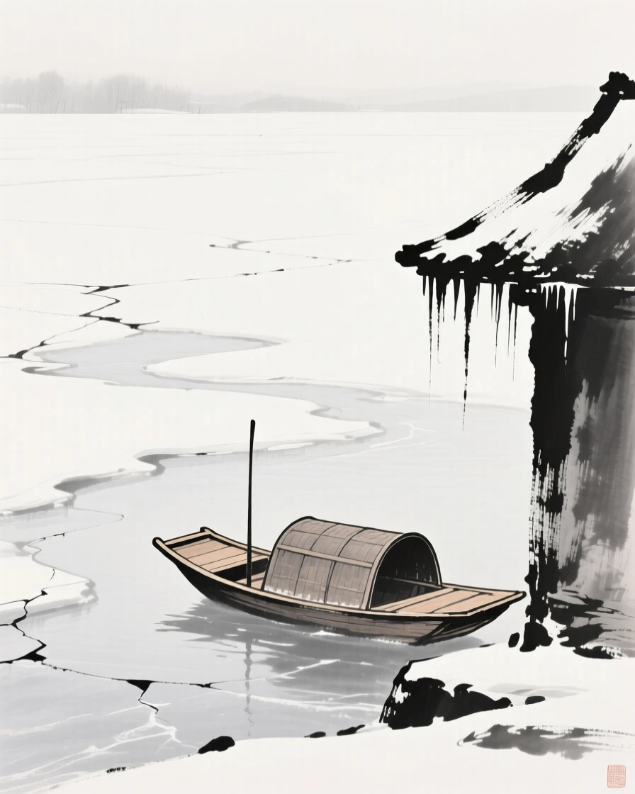 A small boat sits frozen in place at the edge of an ice-covered lake, with icicles hanging from the eaves of a nearby roof.