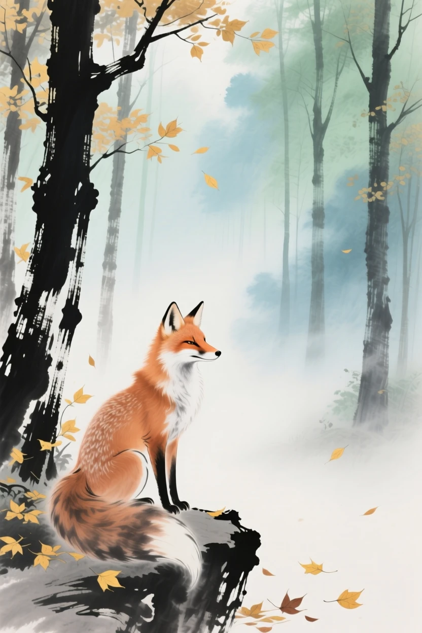 A spirit fox pausing at the edge of an enchanted misty forest, as autumn leaves turn golden, at midday.