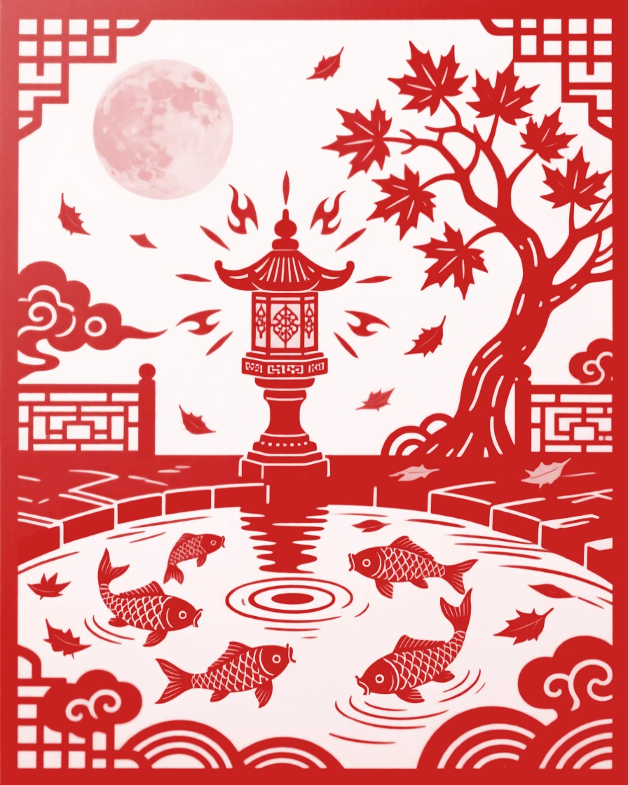 A moonlit garden courtyard with a stone lantern, a koi pond, and a maple tree shedding its leaves onto the still water