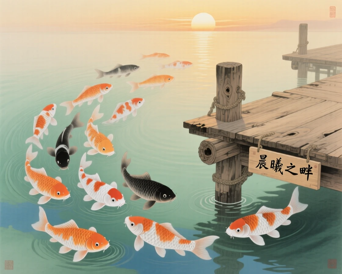 A school of koi fish swimming in circles beside a wooden dock at sunrise