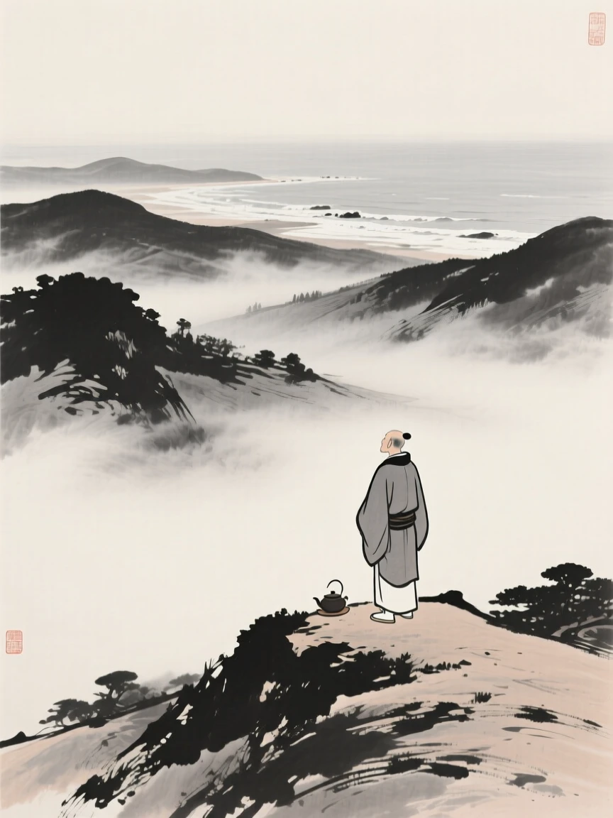 A tea master gazing out over a misty valley on a hillside overlooking the sea, framed small within a vast, quiet landscape, evoking warmth, simplicity, and quiet dignity.