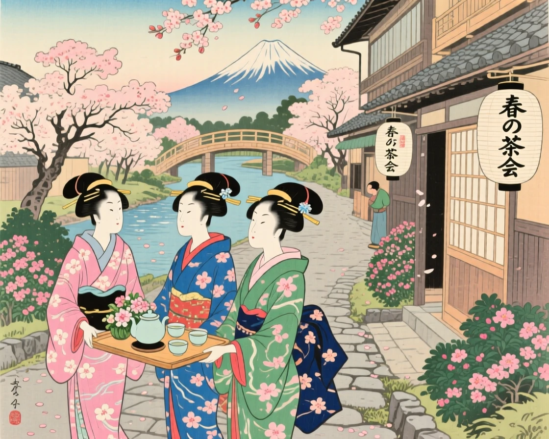 A spring tea gathering moving through a flower-lined village street.