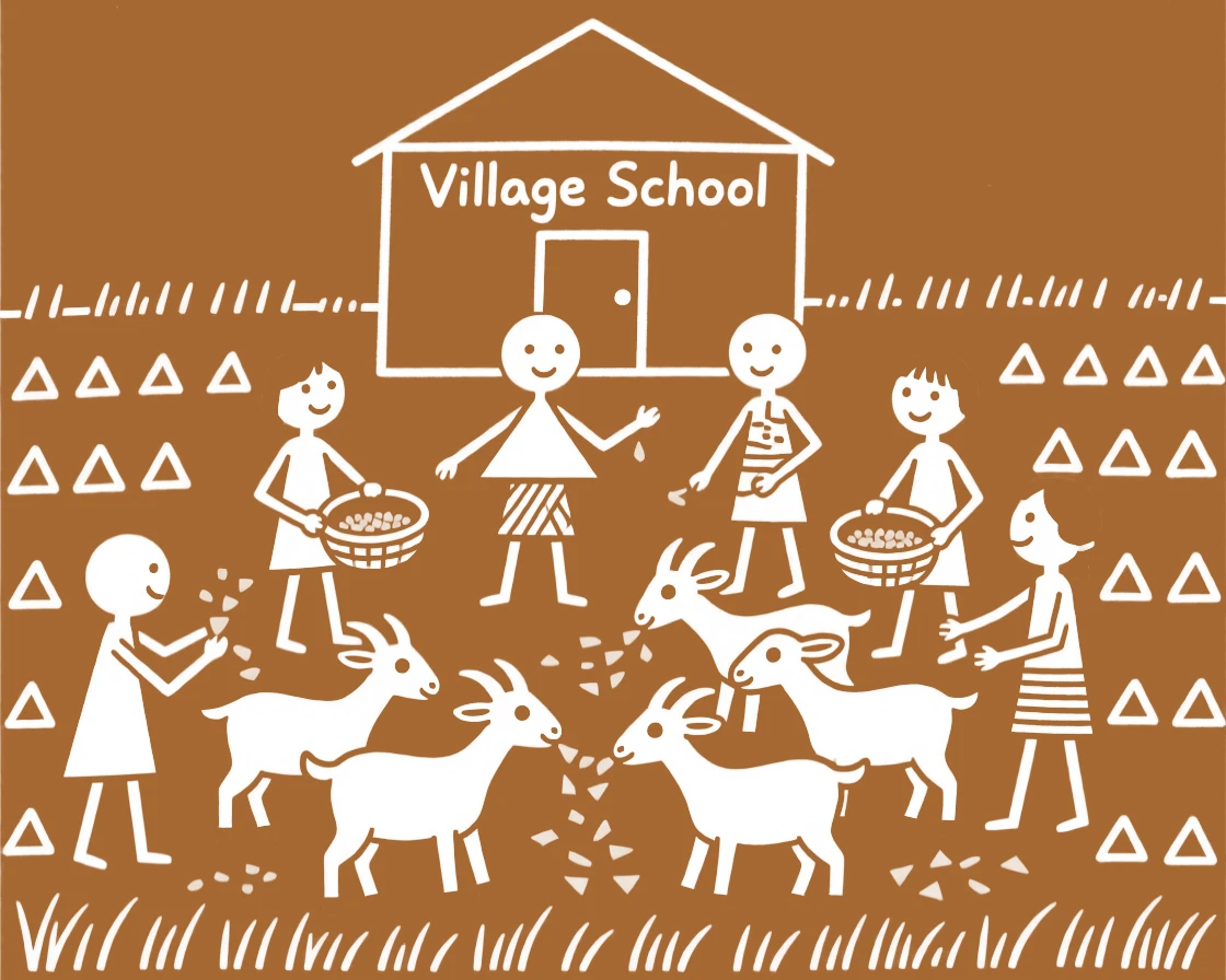 A group of children on a school break feeding a herd of goats together.