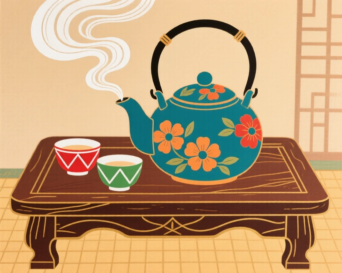 A traditional tea ceremony set with a steaming pot and two small cups.