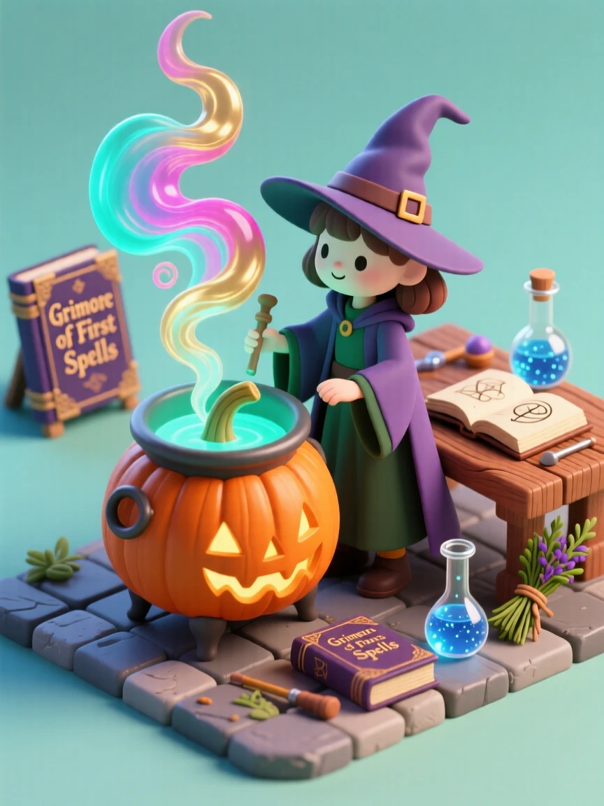 A young witch brewing her first successful potion, colorful smoke curling from a cauldron shaped like a pumpkin.