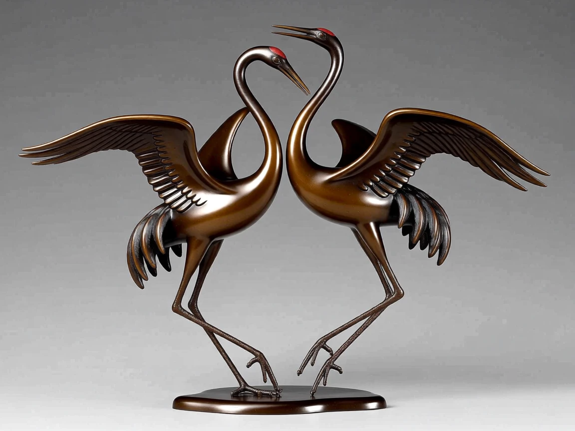 A pair of red-crowned cranes performing a courtship dance, with elegant, flowing form, evoking wonder and majesty