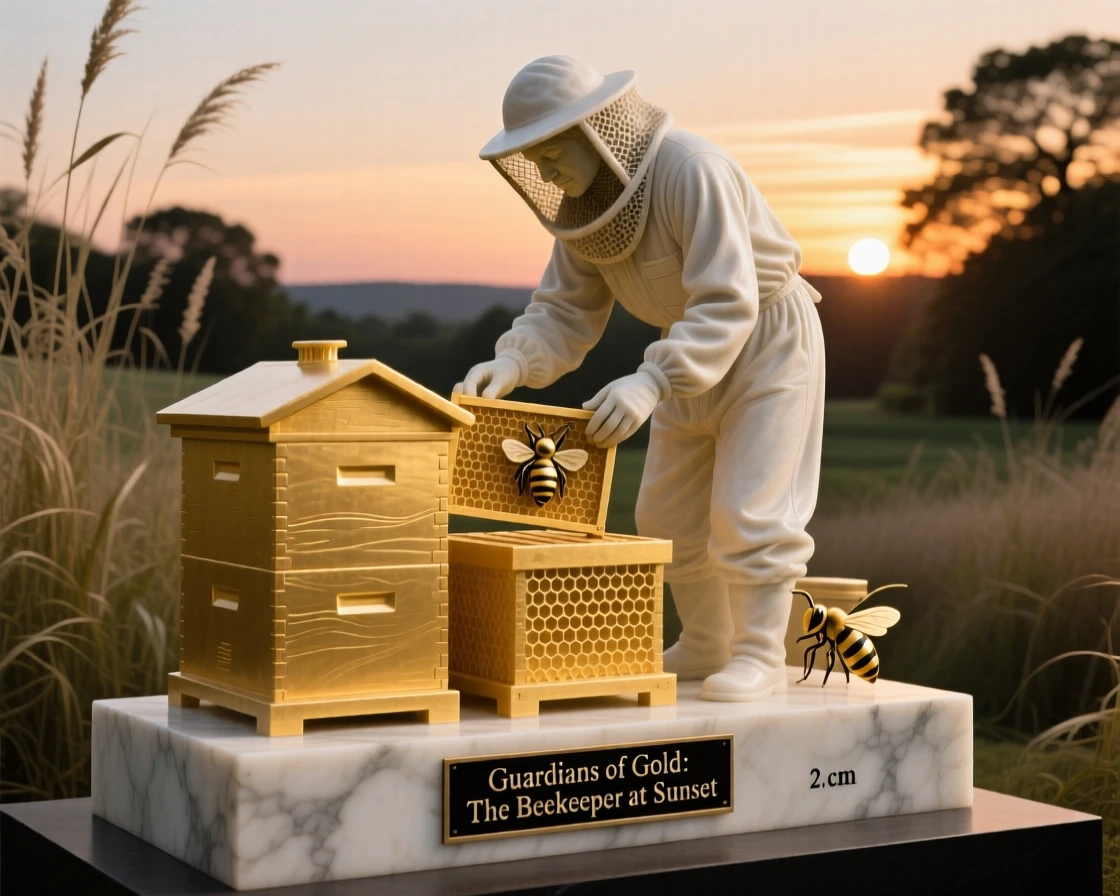 An evocative depiction of a beekeeper tending golden hives at sunset, captured with cinematic depth and detail, balancing detail with emotional depth