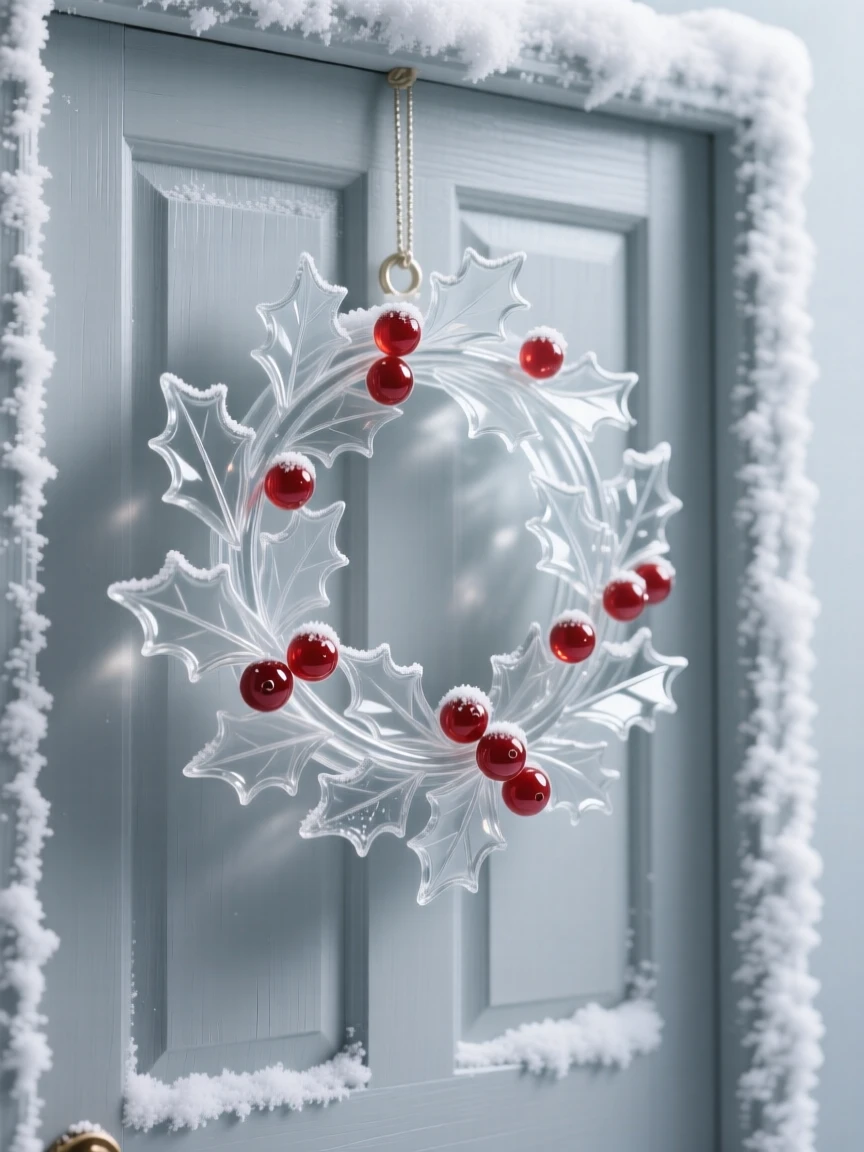 As frost begins to sparkle across the ground, a wreath of holly hanging on a snow-dusted door