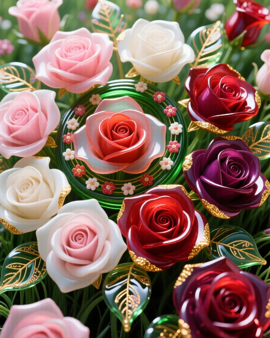 A field of blooming roses forming a spiral pattern viewed from above, elegant and intricate.