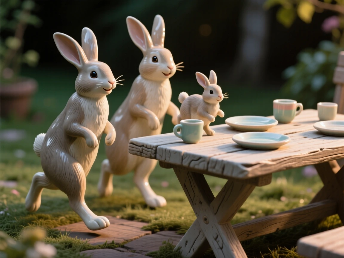 A rabbit family gathered around a garden table caught mid-step on a whimsical journey, bathed in the soft glow of a magical evening, stirring nostalgic delight and warm laughter.