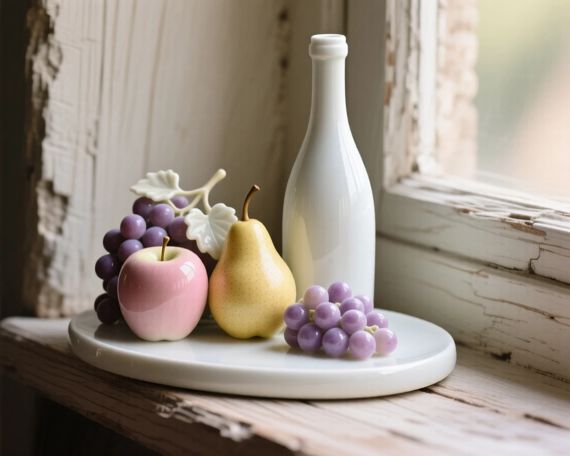 A refined still-life arrangement of ripe fruit and a bottle of wine on a rustic windowsill, rendered with rich, warm tones.