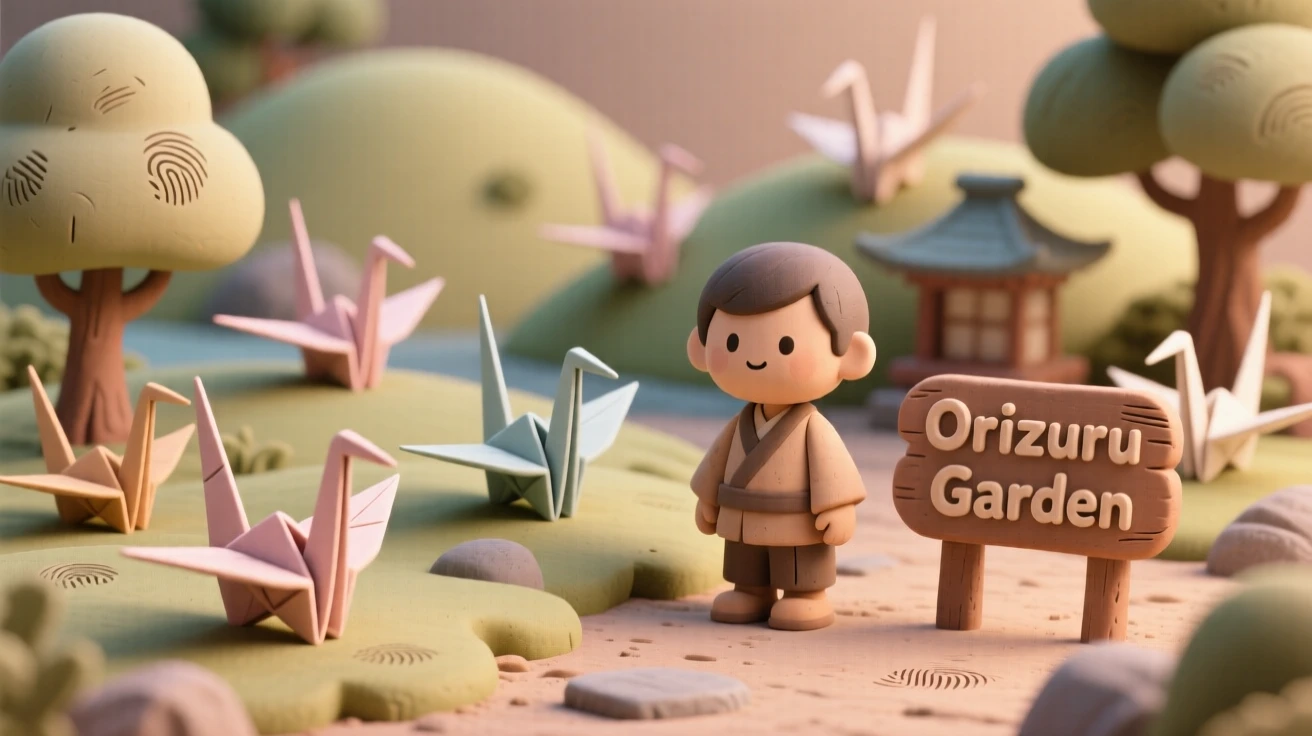A traditional Japanese origami garden filled with folded paper cranes