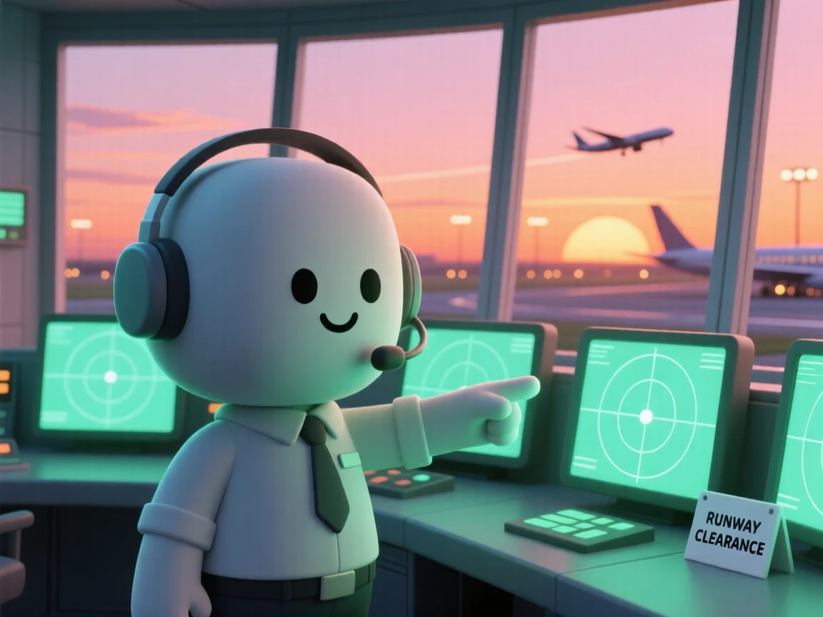 A focused air traffic controller watches glowing radar screens inside a bustling control tower at sunset.
