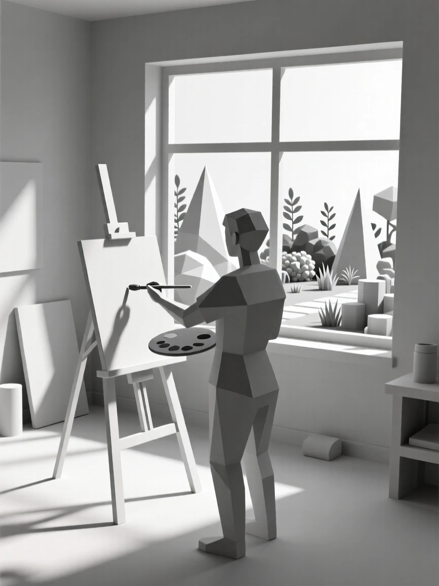 A painter working at an easel in a sunlit studio, amid a quiet, colorful garden. natural light enhances the vibrant colors of the scene. The atmosphere feels peaceful and mindful.