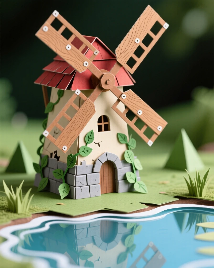A rustic countryside windmill reflecting brilliantly in nearby still water, with ivy climbing along weathered stone walls, evoking quiet historic charm.