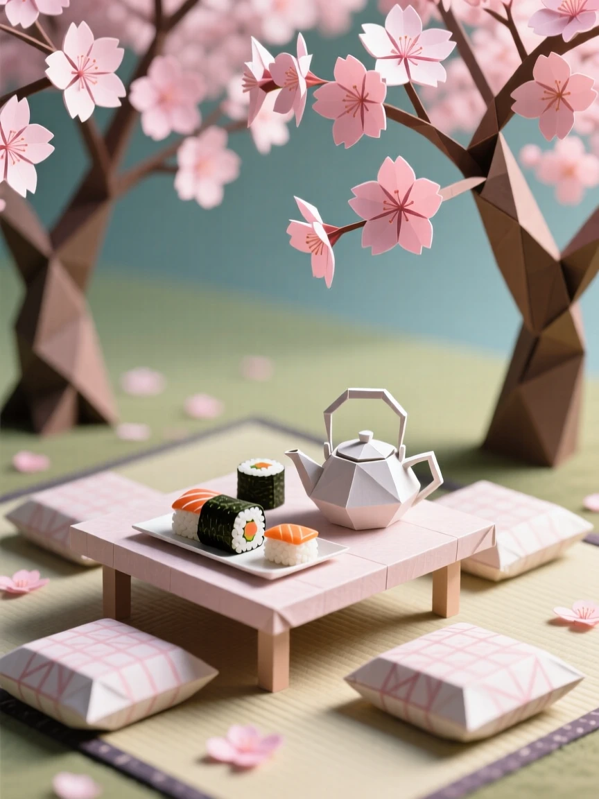 A Japanese Hanami picnic scene beneath blooming cherry blossom trees.