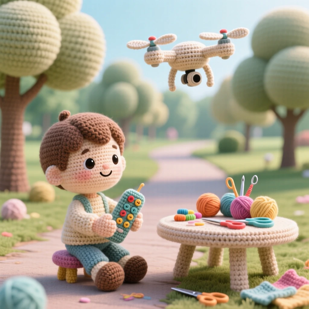 a small boy flying a drone in a field, with a small remote control, watching it hover steadily overhead, in a quiet park path lined with trees, with a scattering of craft supplies on the table, radiating the simple happiness of a favorite pastime.