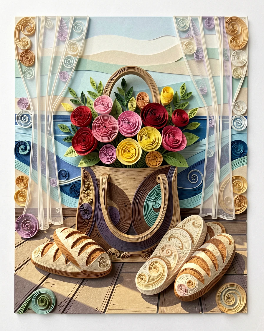 A relaxed modern lifestyle scene of a stylish tote bag filled with market flowers and bread along a scenic coastal boardwalk, with soft morning light filtering through sheer curtains, composed with soft morning light and long shadows.