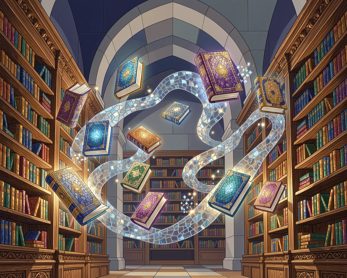 An epic fantasy scene of an enchanted library filled with floating glowing books, with swirling mist and glowing highlights.