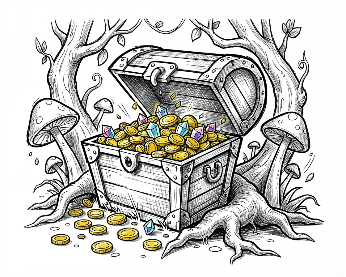 A chest overflowing with gold coins and gems at the edge of an enchanted forest.