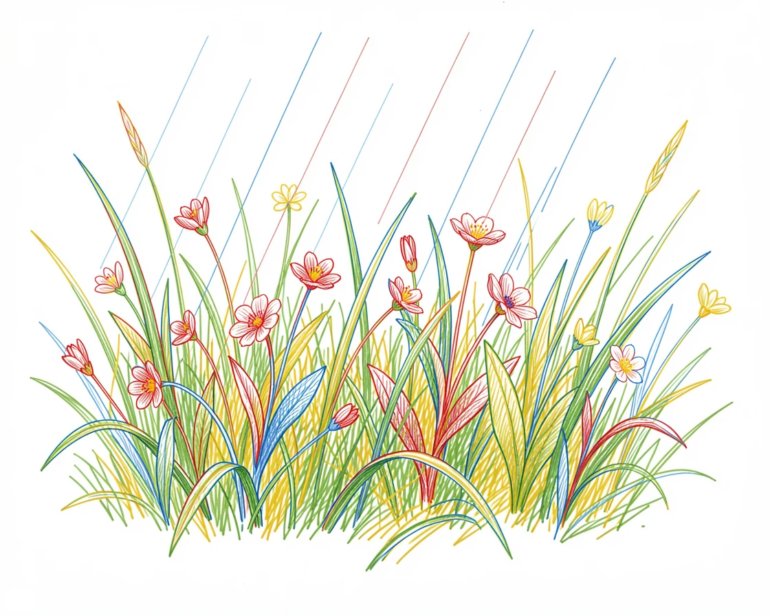 A spring meadow bursting with fresh green growth after morning rain