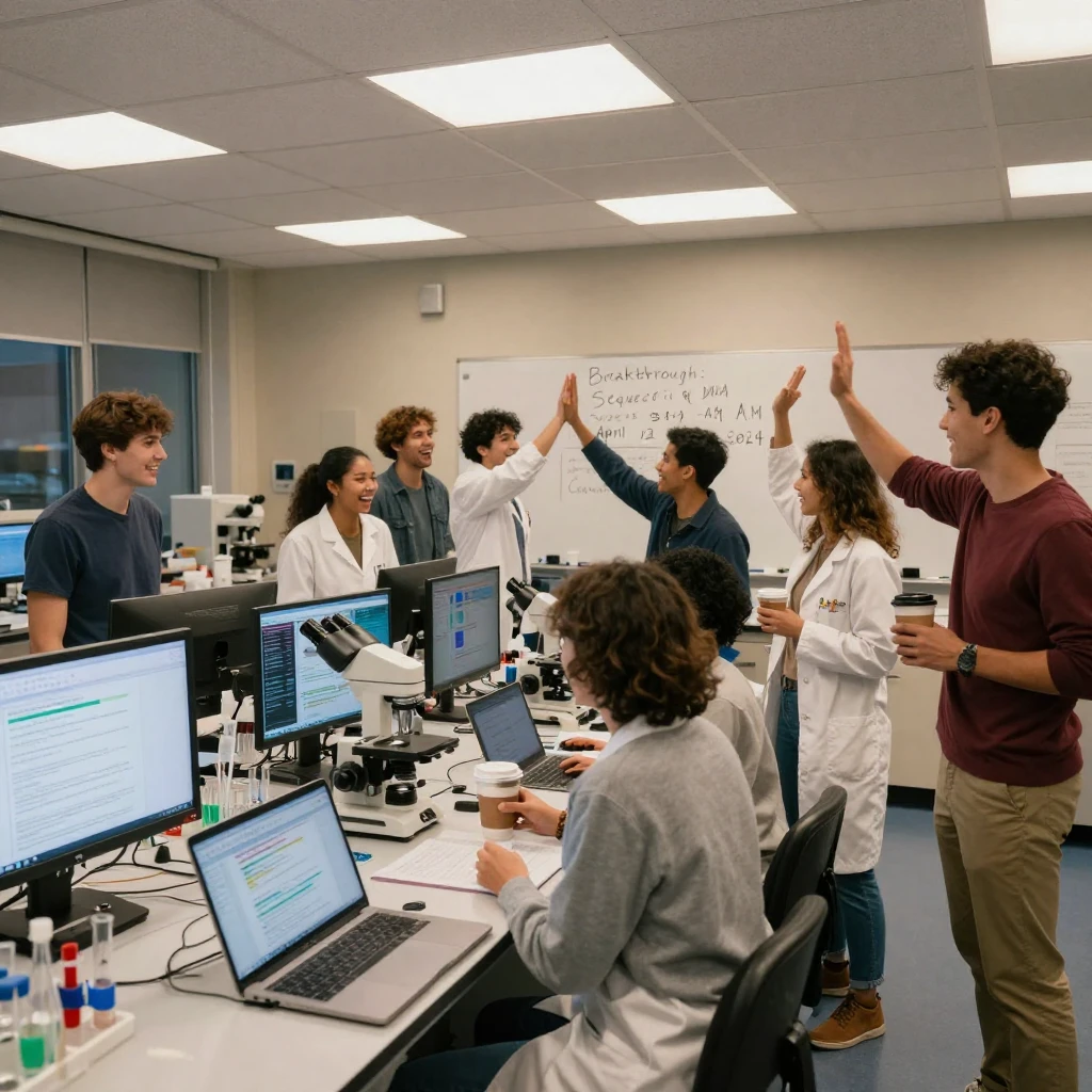 A university lab team celebrates a breakthrough result late at night.