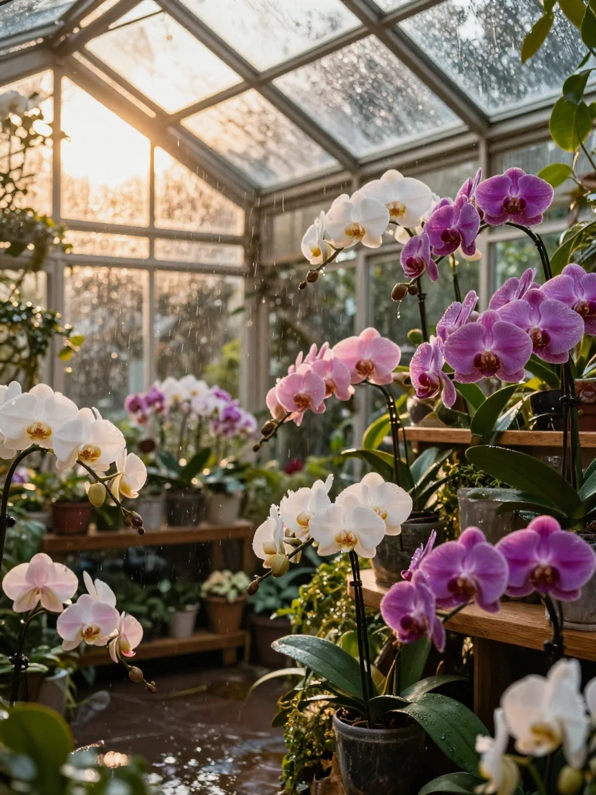 A sunlit conservatory filled with blooming orchids as rain patters gently on the roof
