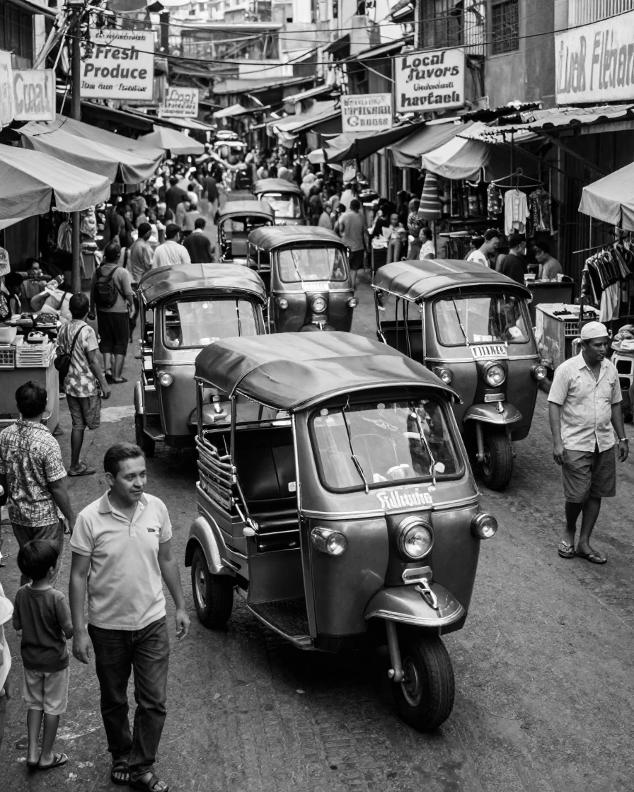 A fleet of tuk-tuks weaves through a crowded market street along a narrow market street.