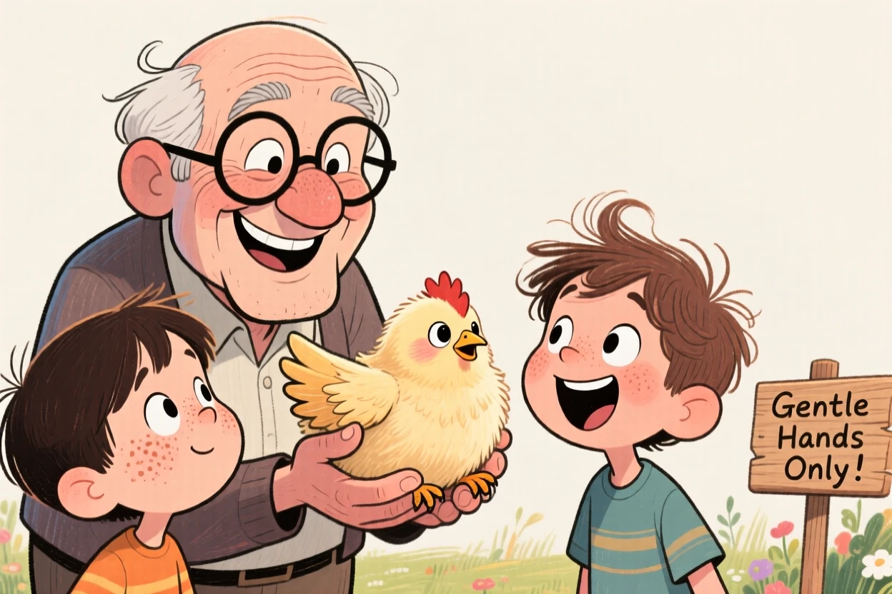 A grandfather teaching his grandkids to properly hold a fluffy baby chick.